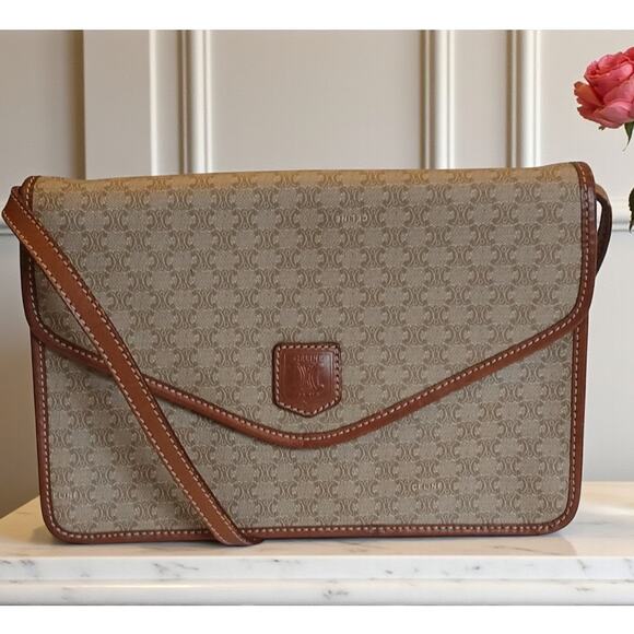 Authentic Celine Triomphe Logo Macadam Beige Crossbody Bag - Picture 1 of 16
